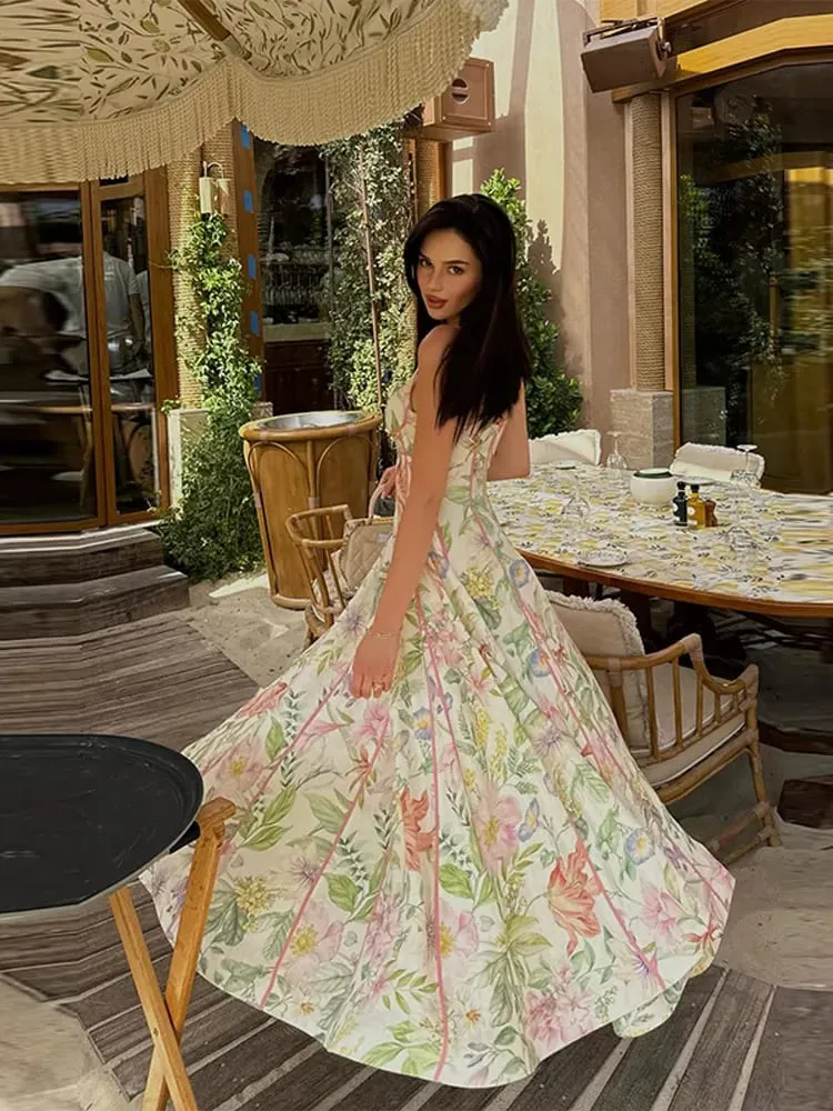 Zarif Baskılı kadın Elbise Kolsuz Halter Bel Kapalı A-Line Bayan Elbiseler 2026 İlkbahar Yaz Moda Kadın Tatil Elbise