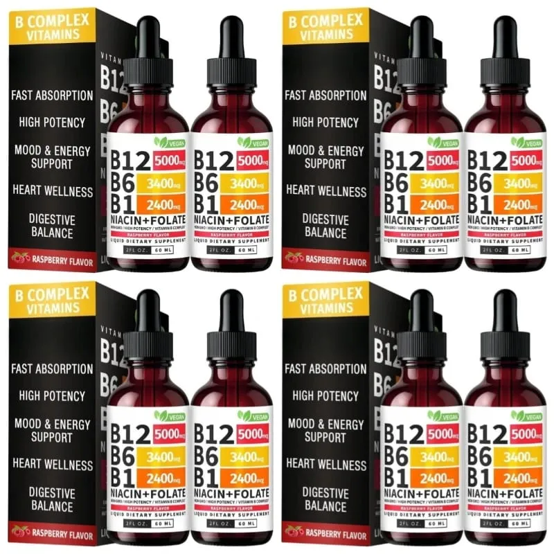 B12 B6 B1 Niacin Folate Liquid Sublingual Vegan B-Complex Drops for Daily Energy and Focus Support Raspberry for Men Women 60 ML