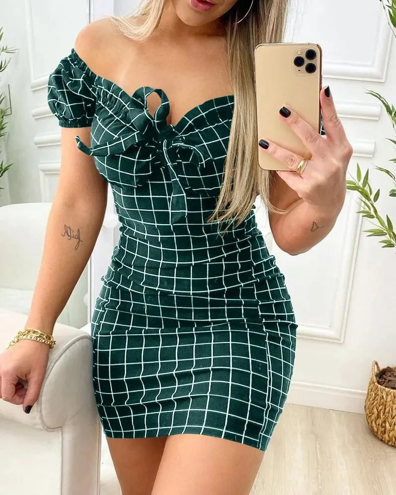Summer dress sexy package buttocks maikling palda ng cross border grid print dress