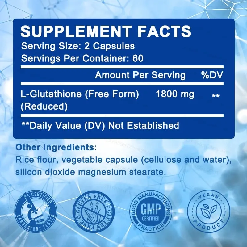 Glutathione Capsules 1800 mg - Potent Skin Antioxidant Detoxification Support Free Radical Neutralizer Vegan Non GMO