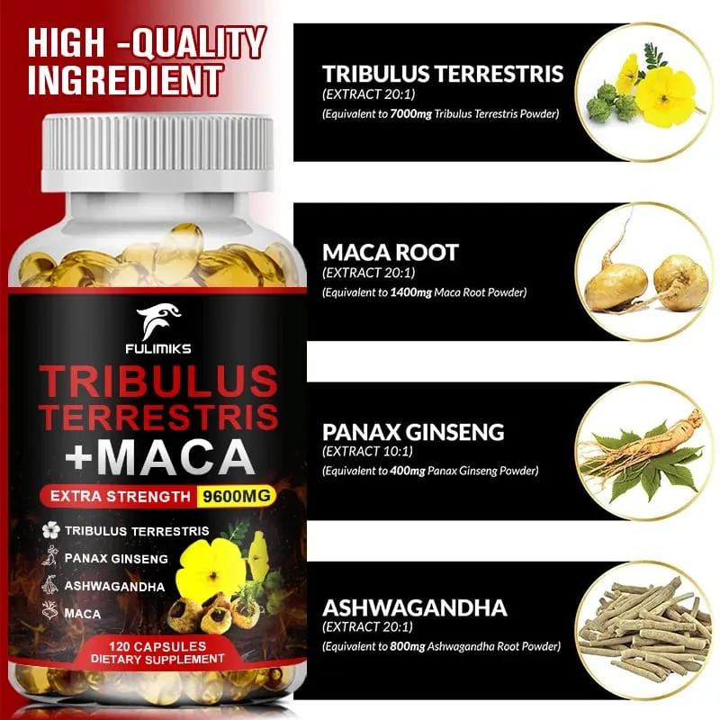 Tribulus Terrestris + Maca Capsules 9600MG with Ginseng & Ashwagandha Supports Energy Stamina & Muscle Performance