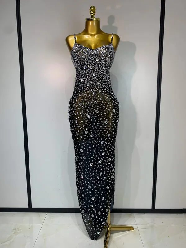 Luxury Rhinestones Sexy Mesh See Through Bodycon Dress Women Birthday Evening Cocktail party Gown Red Carpet Club Stage Outfit — image 8