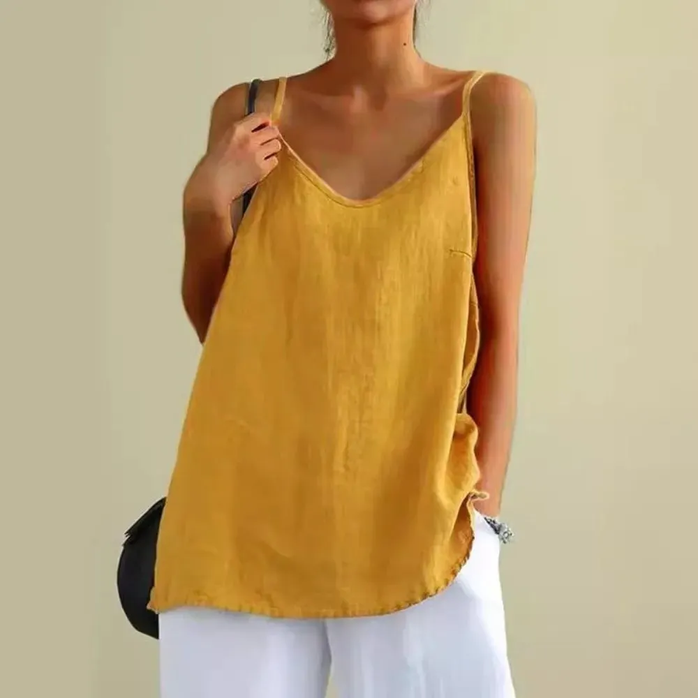Basic Cotton Linen Spaghetti Strap Top V Neck Sleeveless Sleeveless Tank Top Loose Fit Breathable Camis Top Summer Wear