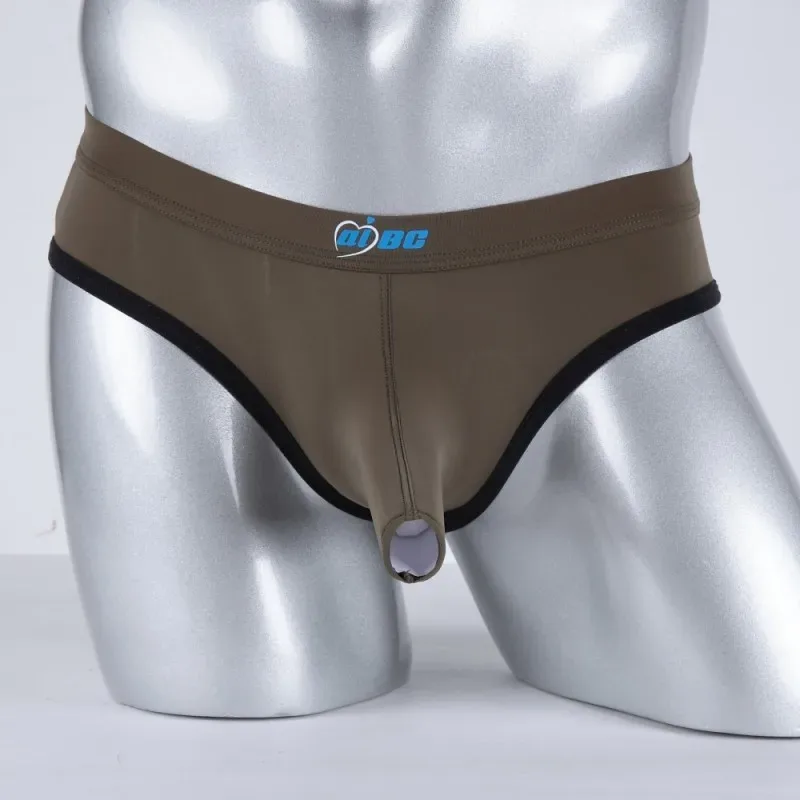Men's Erotic Briefs Elephant Nose Open Sheath Bikini Gay Sexy Thin Ice Silk Penis Bulge Separate Elastic Quick Dry Sports Tangas