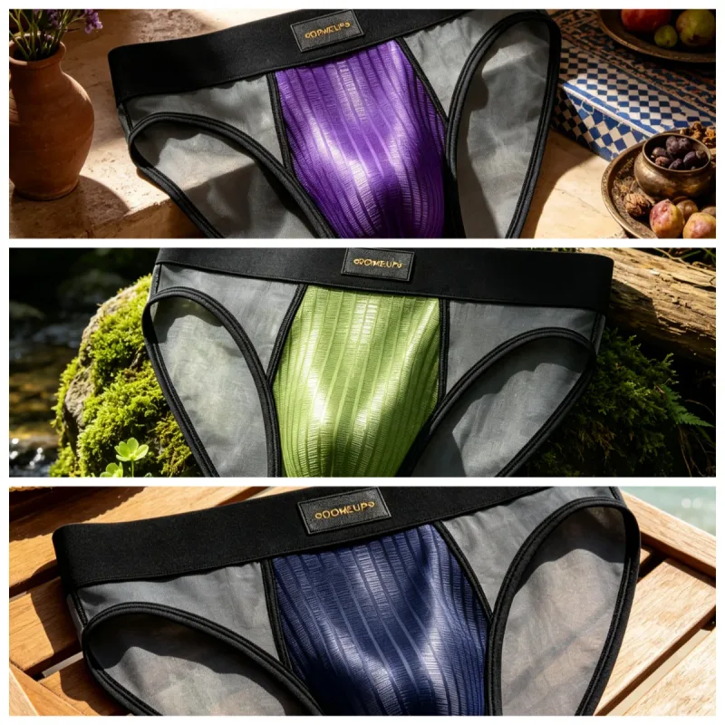 Herren Slips Patchwork Sheer Mesh Vertikale Streifen Glanz Beutel Niedrige Taille Breiten Elastischen Bund Atmungsaktive Männliche Unterwäsche DP923