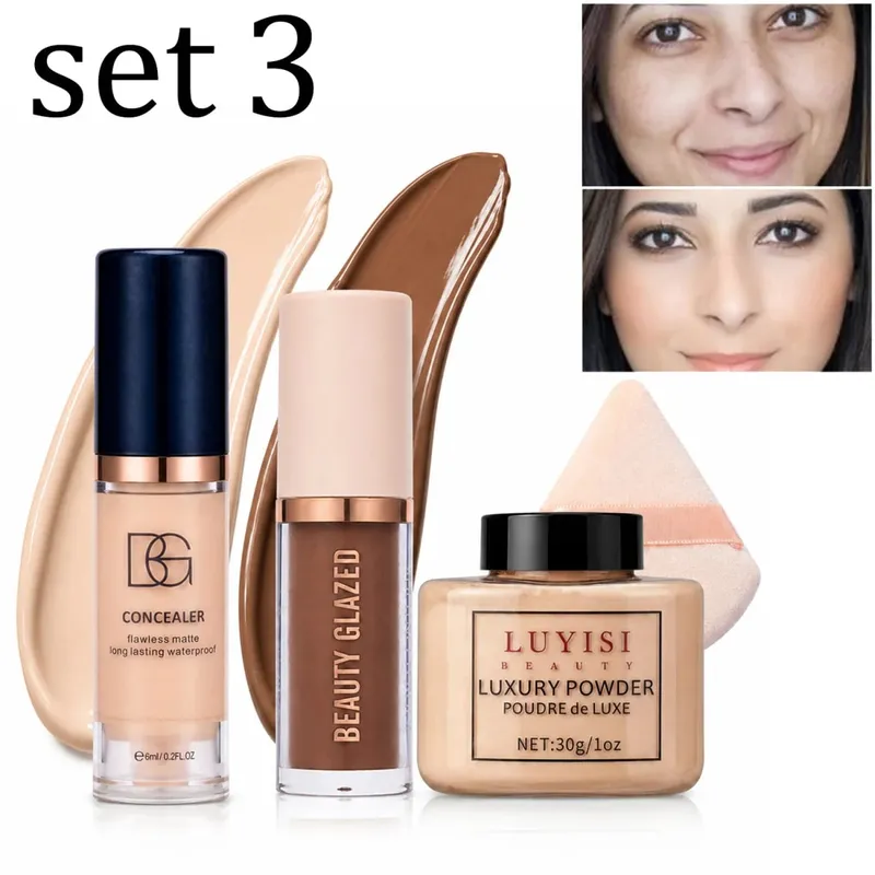 4pcs/Set:Concealer Contour Loose Powder&Puff Full Face Sculpting&Setting Kit Waterproof Long-Lasting Matte Effect Oil-Control.
