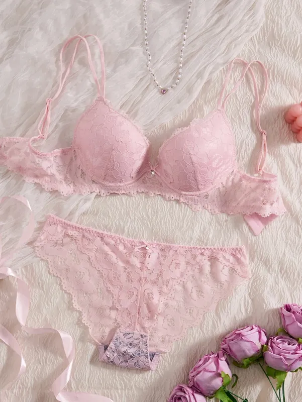 Women's Sexy Lingerie Set Lace Patchwork Solid Color Bowknot Rhinestone Embellished Push-Up Double Shoulder Strap Unlined Comfortable Underwear Lace Semi-Transparent Breathable Panties — image 1
