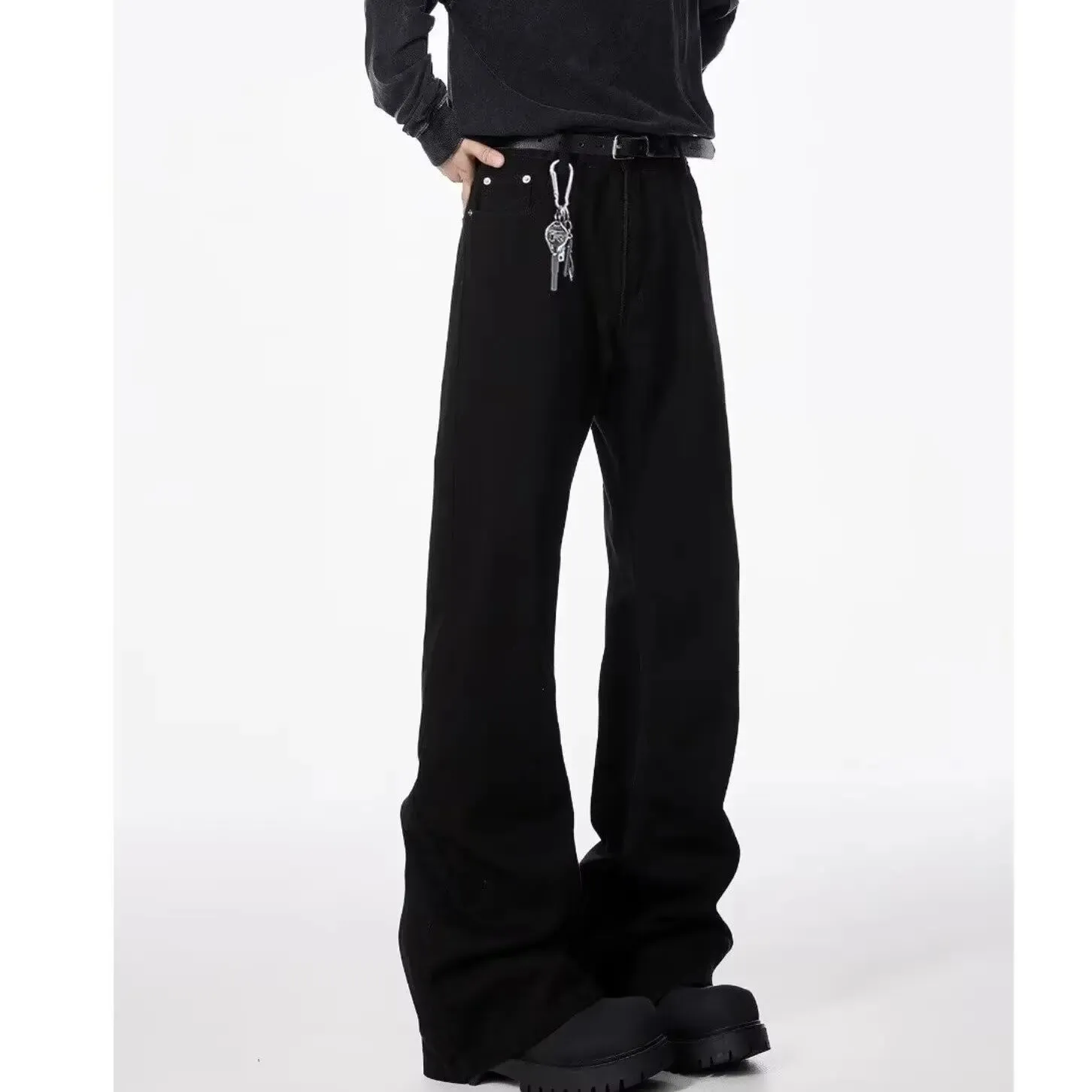American basic washed black micro flared jeans men's stretch straight leg solid color slim fit straight leg versatile pants