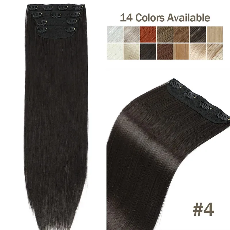 4Pcs 24 Inch Clip In Hair Extensions 200g Colored Brown Blonde Synthetic Heat Resistant Straight Hairpieces Thick Ends For Women