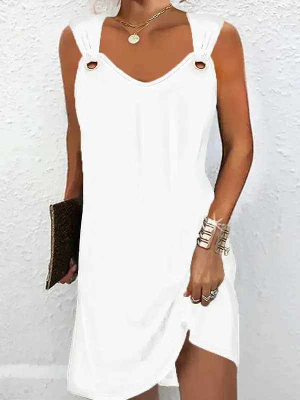 Women Summer Casual Dresses 2025 Elegant Simple Style Solid Color Metal Button V-neck Sleeveless Dress Female Sexy Midi Vestidos