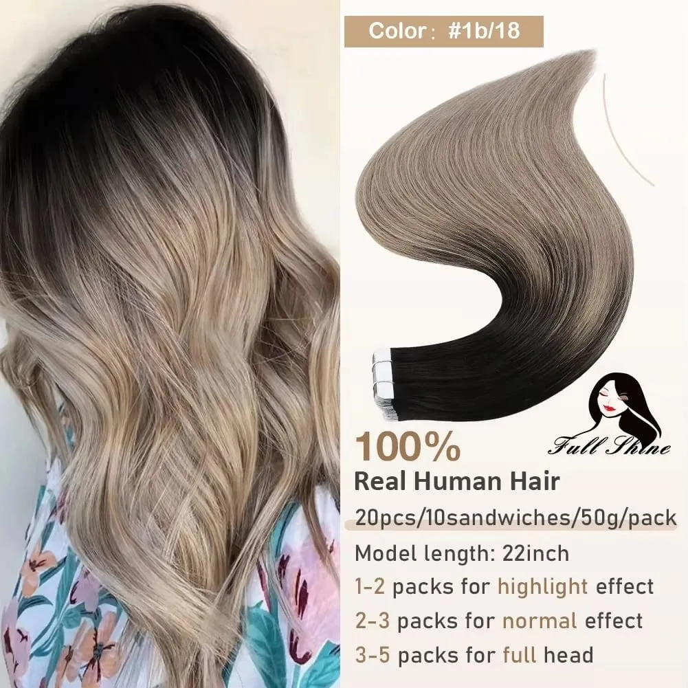 Full Shine Tape hajhosszabbításhoz 20 db Skin Weft Remy Straight Hair Ragasztó brazil hajra nőknek — image 17