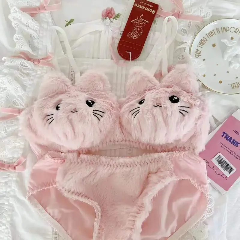 اليابانية Kawaii القطيفة النساء الصدرية مجموعة لطيف فتاة القط مريحة الصدرية مجموعة الكرتون الملابس الداخلية جميل لينة طالب الملابس الداخلية