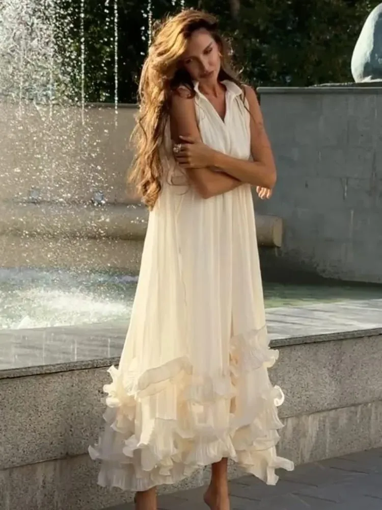 Solid Multi-layer Ruffled Maxi Dress Women Elegant Sleeveless Off-shoulder High Waist Dresses Lady New Chic Vacation Party Gowns — image 2