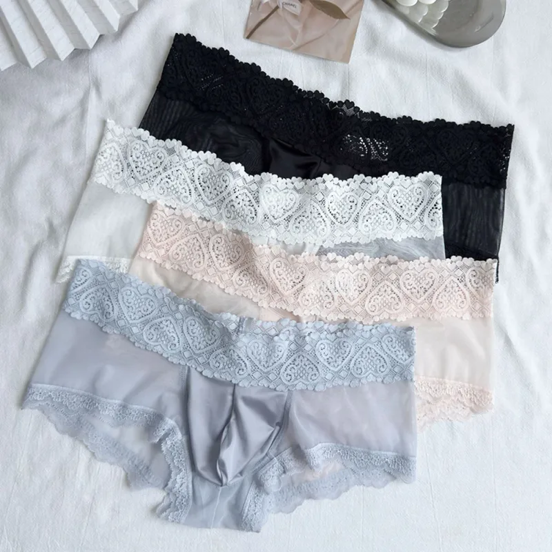 Cuecas masculinas de seda gelo com acabamento de renda fina e sem costura brilhante bolsa 3D calcinha leve confortável lingerie diária
