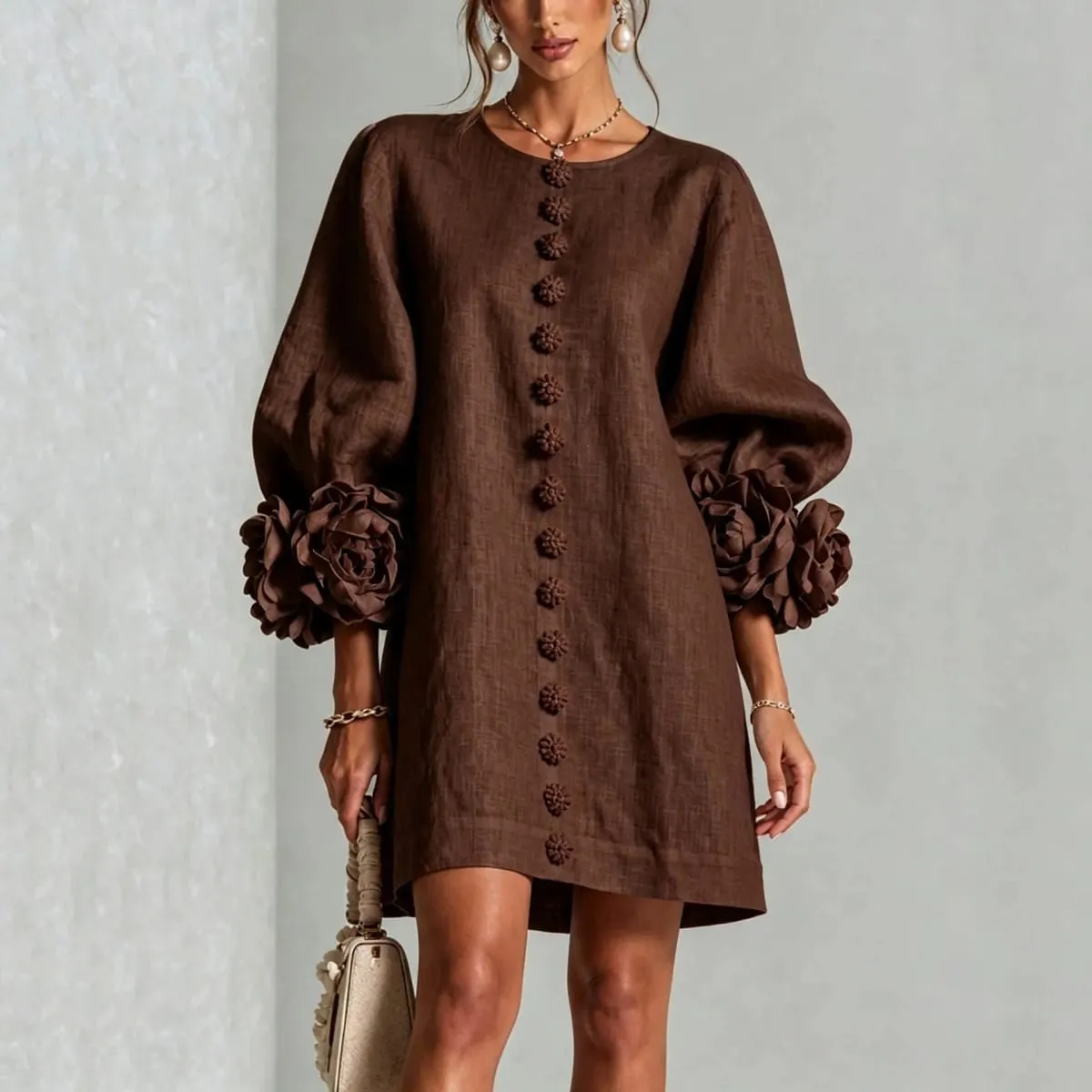 Women Spring Autumn 3D Flower Long Lantern Sleeve Cotton Linen Mini Dress Solid Crew Neck Loose Elegant Daily Wear Short Dress