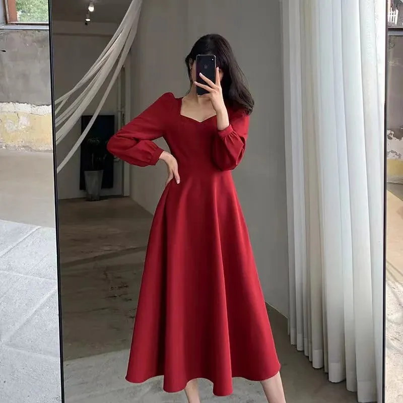 Long Puff Sleeve Solid Elegant Dress Women Clothing Wedding Guest New Year Women Fashion High Waist Slim Evening Party Dresses — image 4