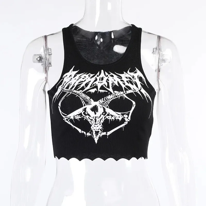 Gothic Knitted Punk Black Tank Tops Mall Goth Grunge Goat Print Harajuku Women Crop Tops Skinny Sleeveless Streetwear