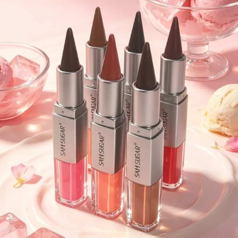 Pelapik Bibir & Lip Gloss 2 dalam 1 Dwi Berakhir Menghidratkan Gincu Tidak Melekat Matte Baldu Outline Krayon dengan Sapuan Bibir Montok Berkilat