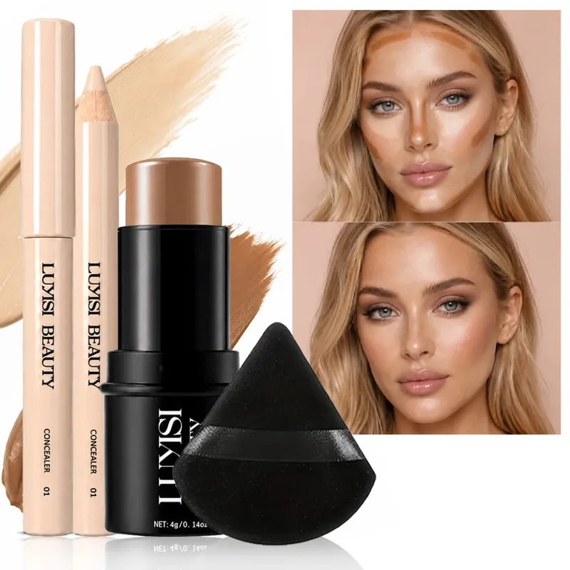 3pcs/Set Face Makeup:1pc Concealer+1pc Contour+1pc Blending Puff Waterproof Velvet Matte All-Day Wear - Buildable Coverage.