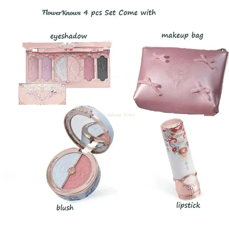 Flowerknows Zestaw do makijażu Zestaw podarunkowy Shimmer Full Box Blush Długotrwały aksamitny krem ​​do ust z torbą Zestaw De Maquiagem