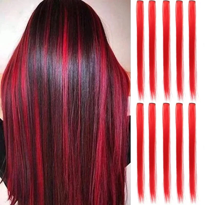 10Pcs Synthetic Colored Clip in Hair Extensions Hairpiece Party Highlights Straight Hair wig for Girls Kids Christmas Party Use