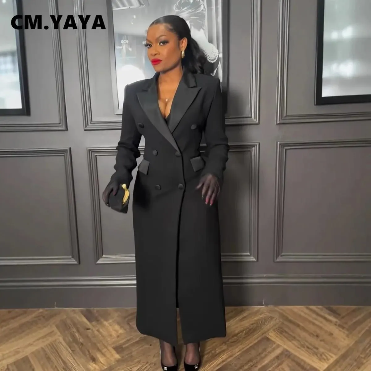 CM.YAYA 패션 여성 OL 작업 더블 브레스트 노치 긴 소매 맥시 드레스 봄 섹시한 밤 우아한 파티 거리 긴 드레스
