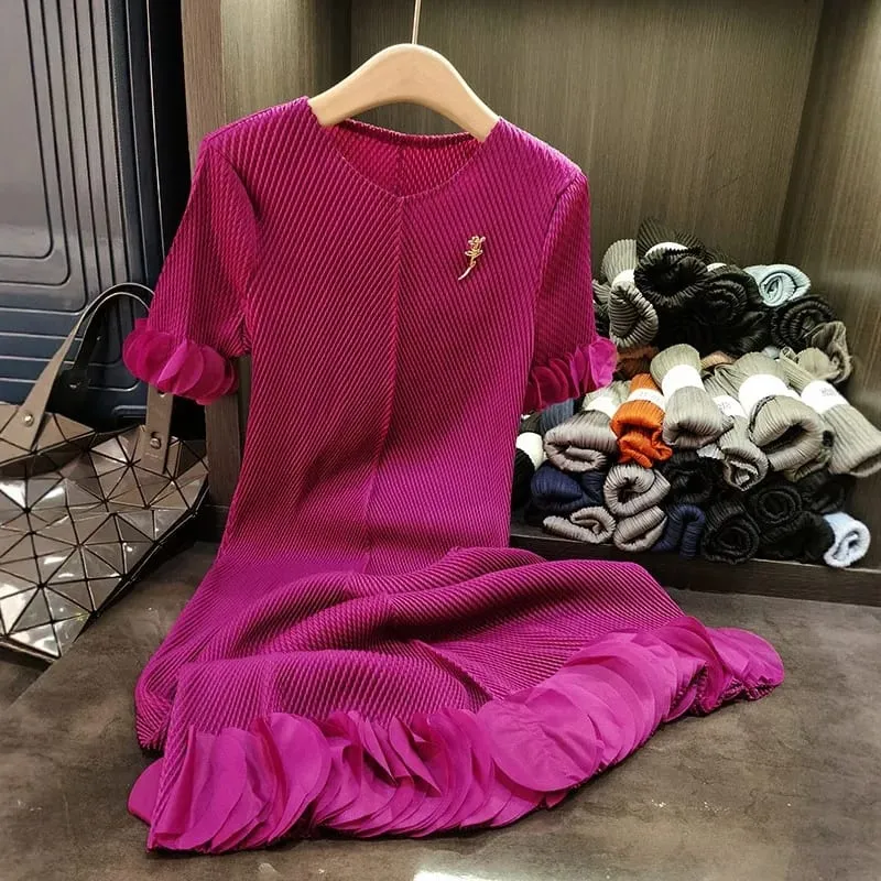 Miyake Pleated Dresses 2025 Summer New Plisse Round Neck Fold Elegant Pleat Solid Loose Thin Short Sleeve Pleats Dress Women