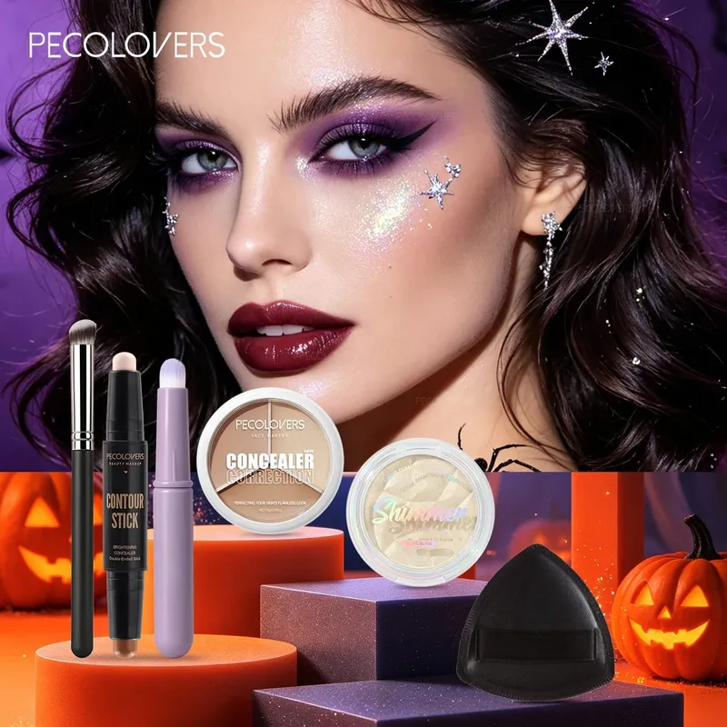 6PCS/SET Three-color Concealer Double-head Contour Stick Sparkle Highlight Palette Puff And Makeup Brush Set