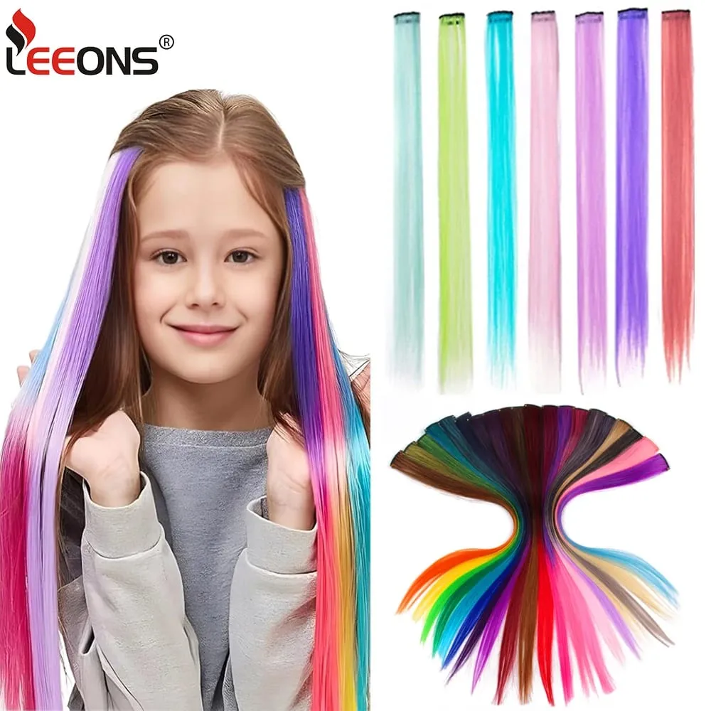 Lige farvet hårstykke Hair Extensions Clip In Highlight Regnbuehår Pink Blå Lilla Syntetisk på klips til kvinder piger — image 2