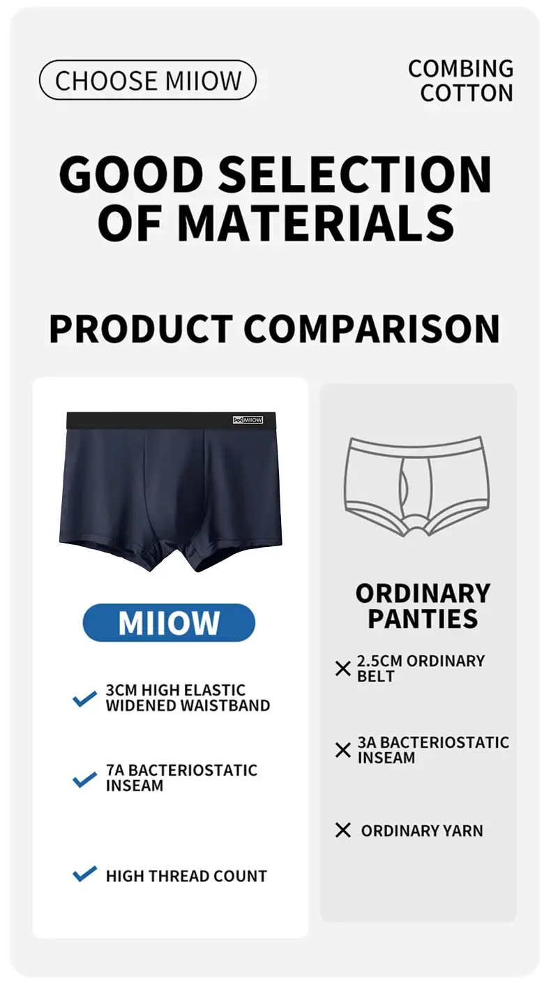 MiiOW 3Pcs Organic Cotton Men Underwear Boxer Shorts Antibacterial Seamless Underpants Male Panties Gift For Men Boxershorts New