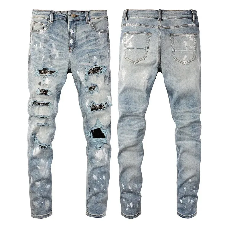 Blue High Street Holes Transparent Crystals Patchwork Stretch Slim Fit Rhinestones Patches Distressed Ripped Graffiti Jeans Men