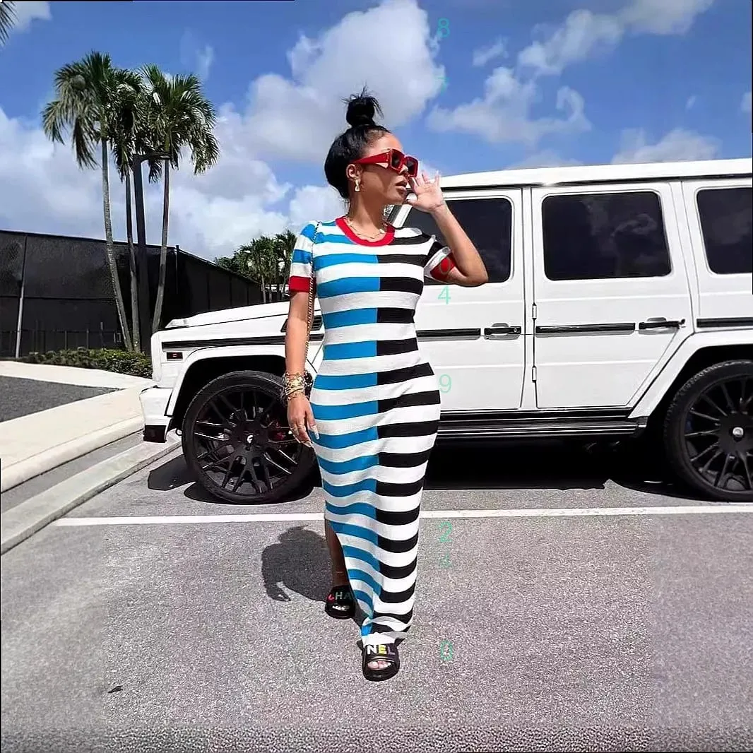 Spring Summer Women Stripe Dress Short Sleeve Split Bodycon Dresses Casual Tee Top