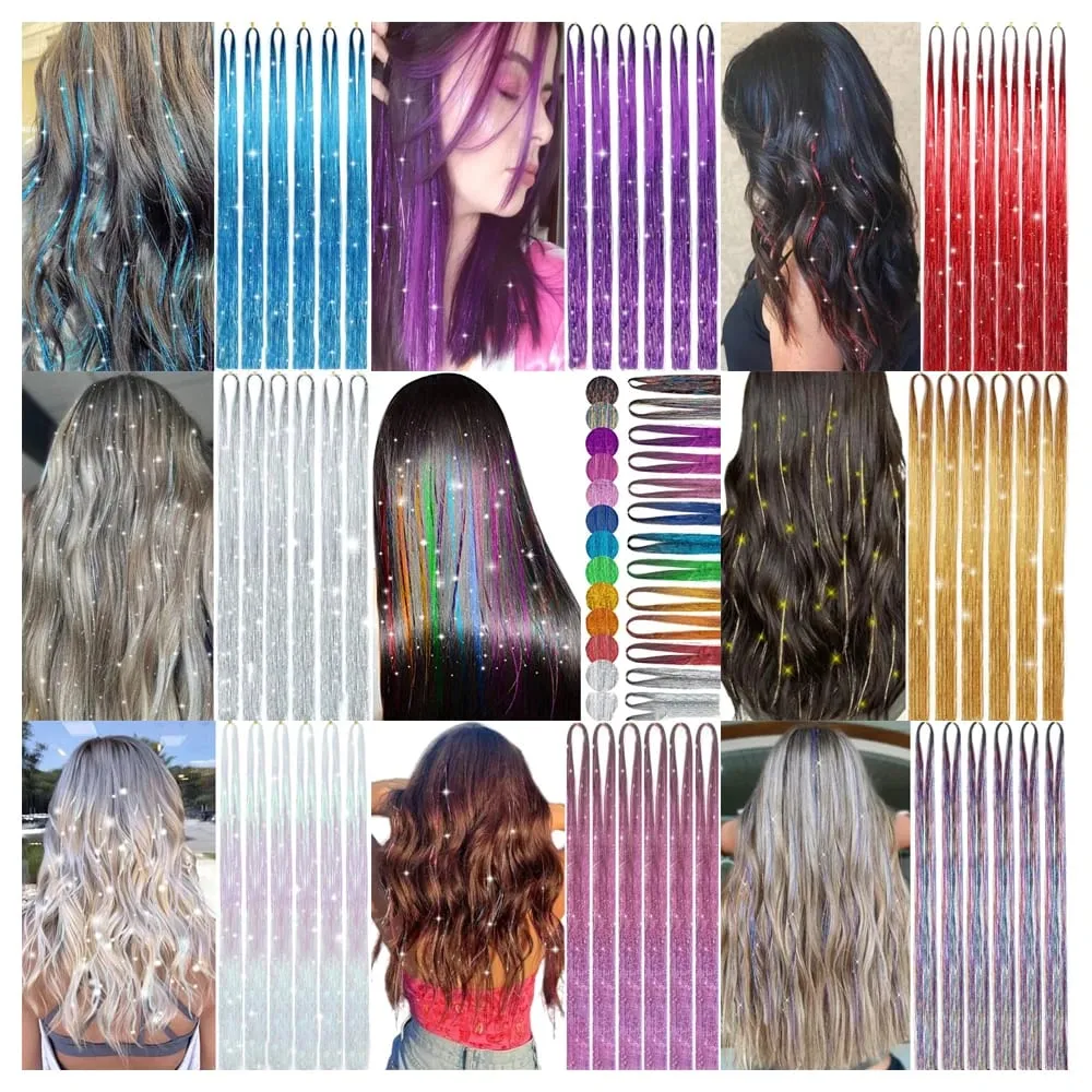 36/48Inch Sparkle Hair Tinsel Rainbow Colored Strands Girls Headwear Hairbinge Hair Laser False Hair Extensions Decor Glitter