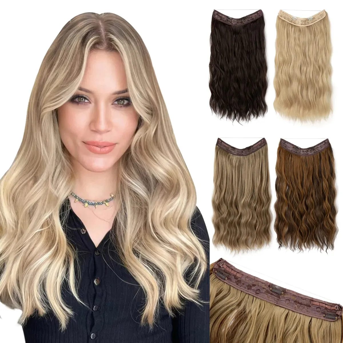 Synthetic Wave Invisible Wire With Clips Hair Extensions Fish Line Natural Blonde Clip In Hairpiece Fake Hair Piece