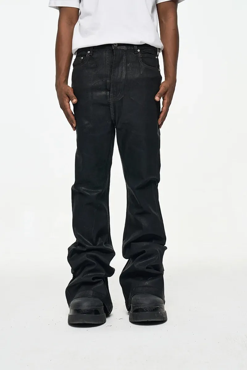 2026 High Street Coated Brushed Micro-flared Floor-length Jeans for Men Retro Street Wear Loose Micro-elastic Waxed Pants