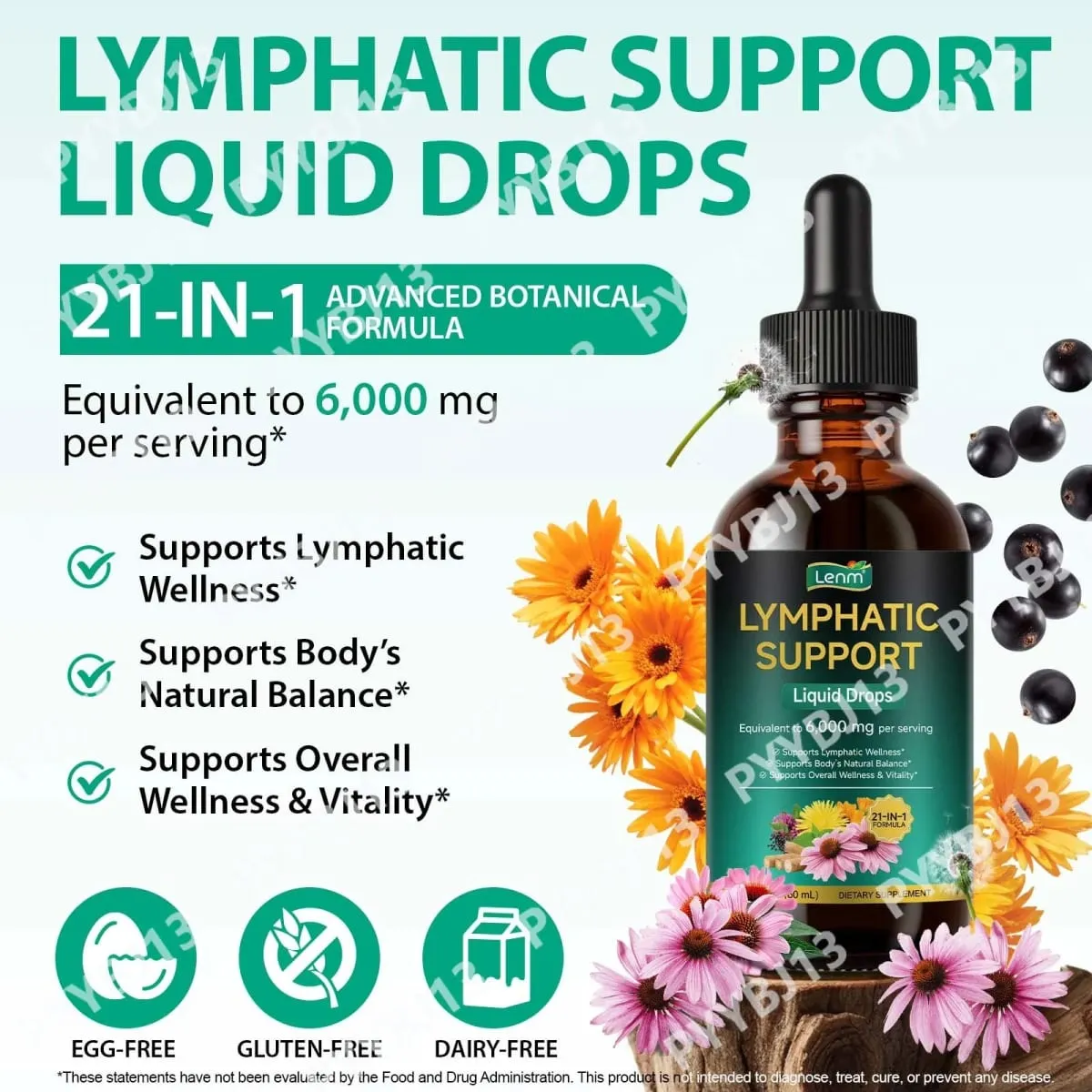 Lenm 60ml 림프 시스템 정화 면역 지원 액체 보충제 BalanceSupport를 위한 천연 유기농 림프 허브 방울