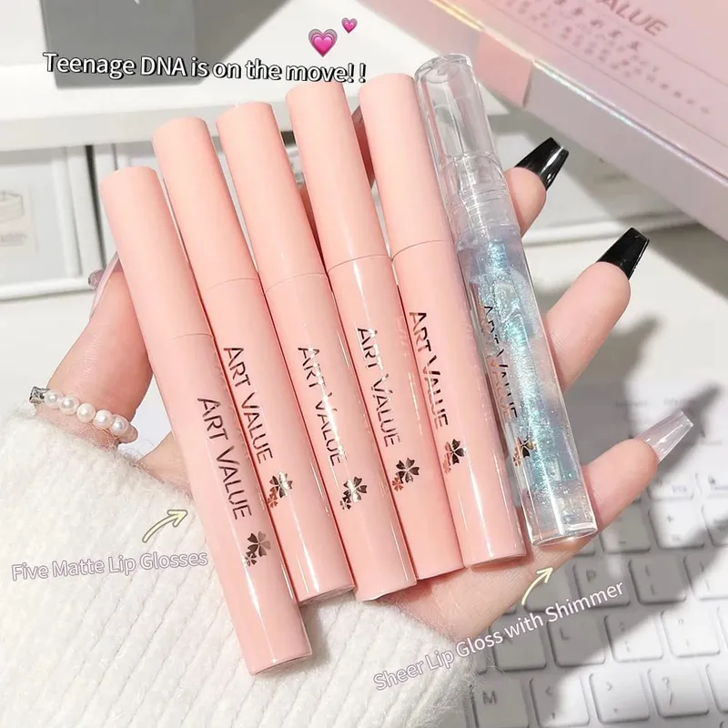 ART VALUE Lips Makeup Sets Include 5 Matte Liquid Lipstick And 1 Lip Balm Oil Nourishing Glitter Lipgloss With Necklace Gift