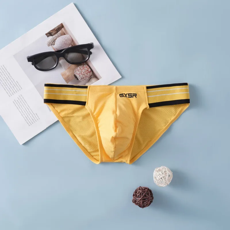 Solid color splicing side waist high fork men's briefs threaded ice silk fashionable low waist men's underwear