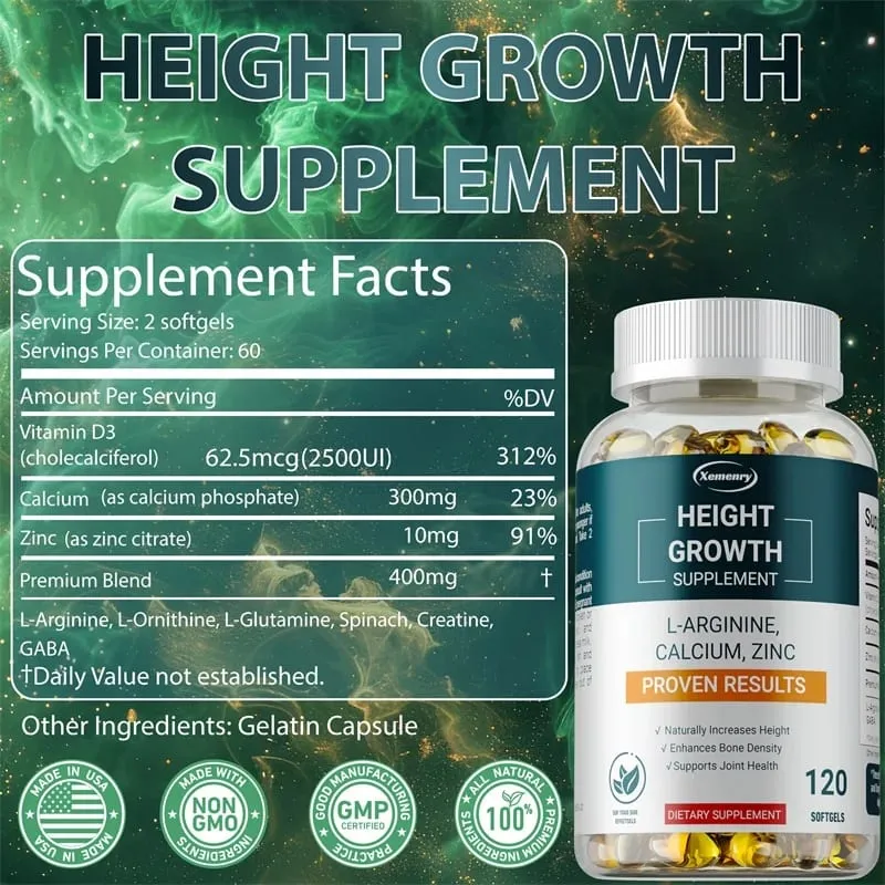 Height Growth Supplements - with Vitamins and Calcium Zinc Improves Bone Strength Promotes Growth and Improve Immunity