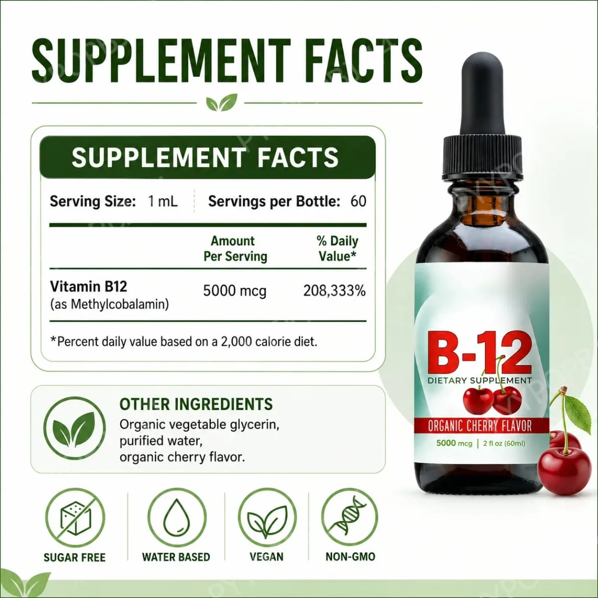 Vitamin B12 Methylcobalamin Liquid Drops 5000 Mcg Cherry Flavor 2 Fl Oz 60 Servings Vegan Sugar Free Daily Supplement