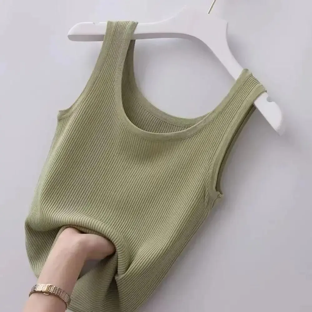 2024 Polyester Sexy Sleeveless Camisole Basic Top Solid Color Summer Camisole Streetwear Tees T-Shirt Spring Knitted Tank Women