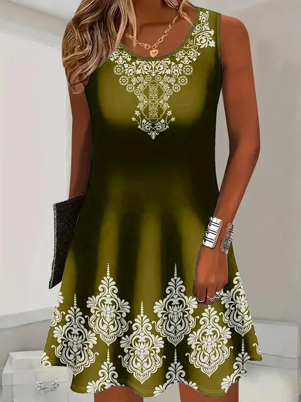 3D Floral Pattern Retro Women Mini Dresses Summer Sleeveless Flower Printed Street Ladies Dress 3XL Plus Size Casual Dress Tees