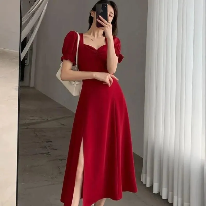 Vestido liso de manga corta con abertura elegante para mujer, Vestidos completos con cuello en V, cintura alta, ajustados, para fiesta de noche