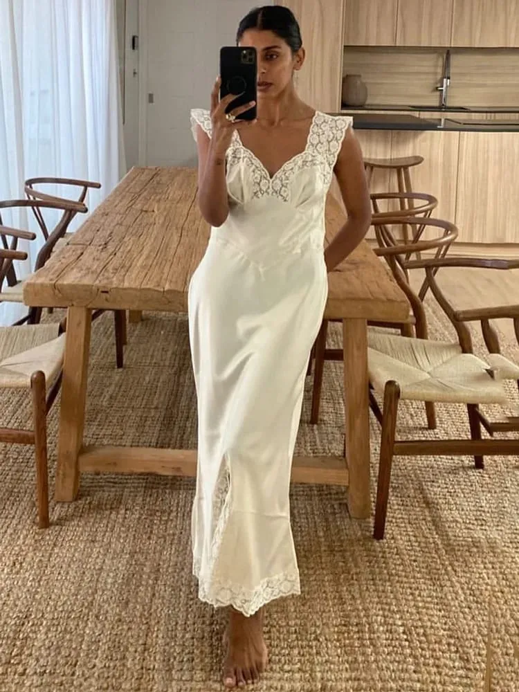 Tossy Fashion Satin Blonde Lang Kjole Kvinder V-hals Patchwork Hollow Out Ærmeløs Snøringskjole Aften Kvinde Efterår Maxikjole — image 3