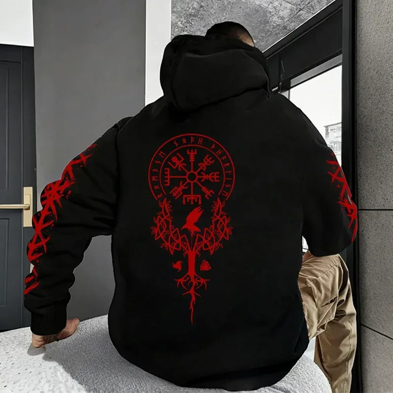 Edisi Musim Sejuk dan Musim Luruh Viking Nordic Runes Bercetak Baju Bertudung Lelaki Bersaiz Besar untuk Pakaian Kasual Jalanan