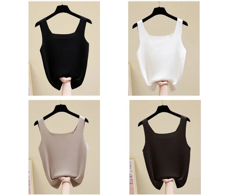Summer Off Shoulder Tank Tops Women Fitness Short Camis Vest Female Knitted Sexy Square Collar Solid Crop Tops