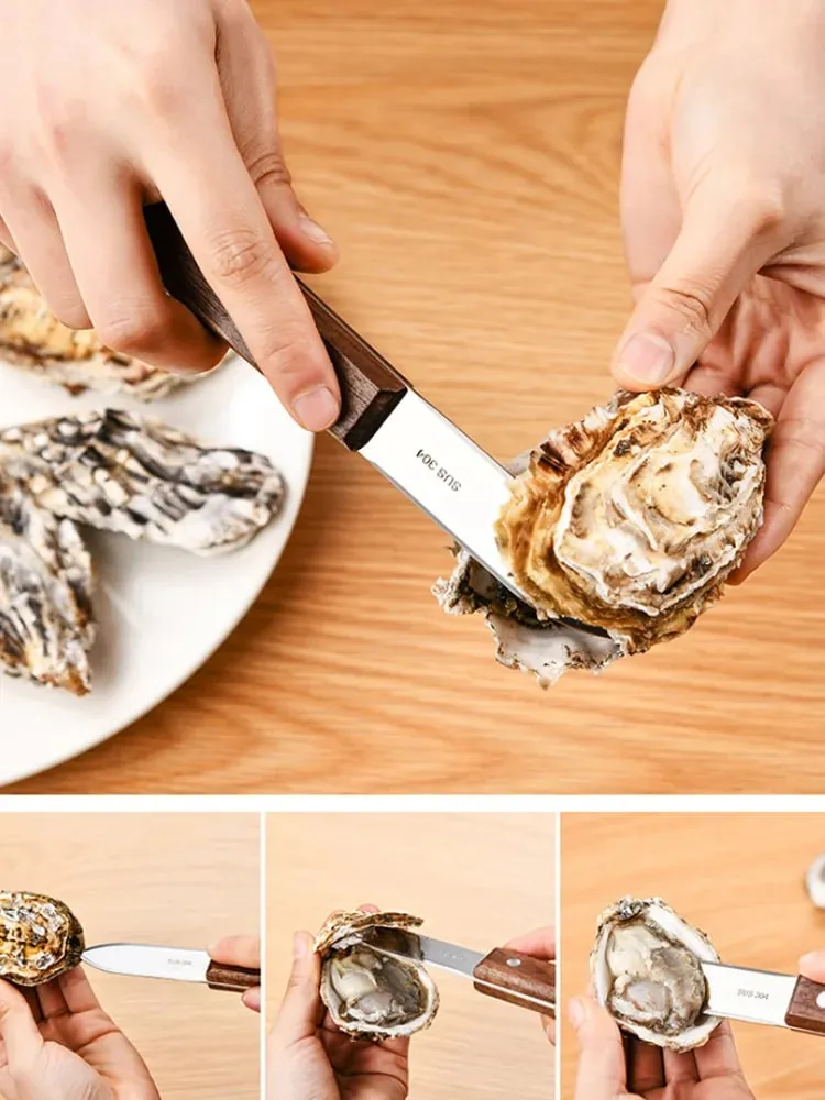 Japanese 304 Stainless Steel Seafood Scallop Pry Knife with Wooden Handle Oyster Knives Sharp-edged Shucker Shell Seafood Opener