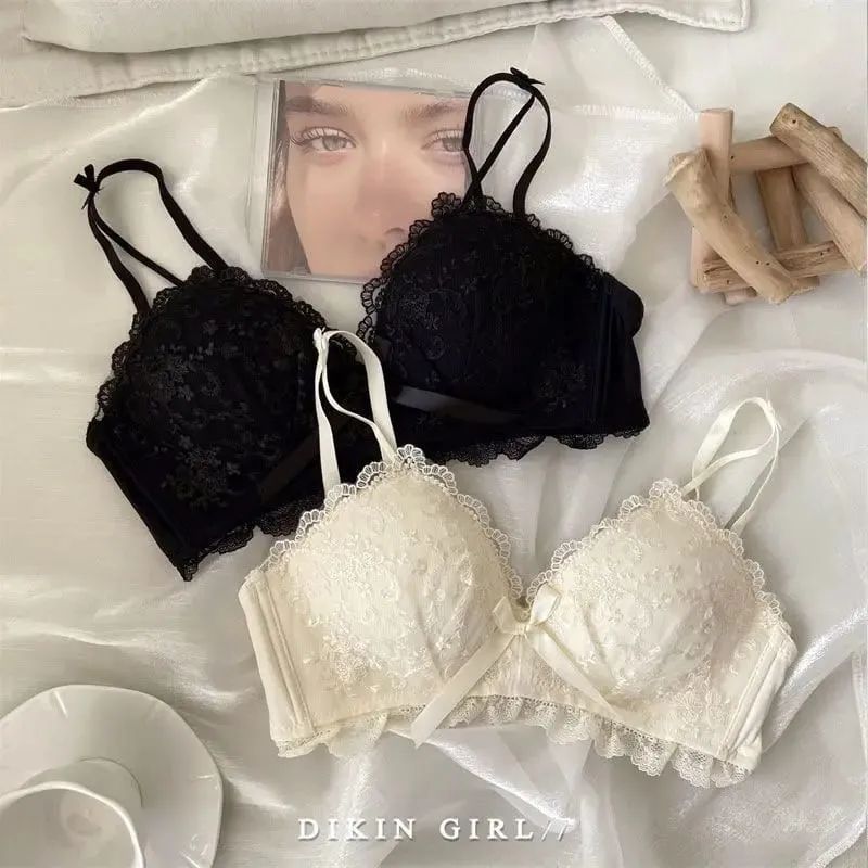 Ensemble de soutien-gorge brodé en dentelle, Sexy, avec petite poitrine froncée, accessoire de Collection, seins sans jantes en acier, ensemble de sous-vêtements
