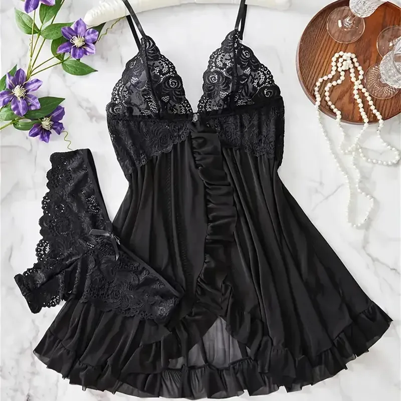 New Blue Contrast Lace Ruffle Trim Lingerie Set Deep V Dress And Thong Women's Sexy Sleepwear Underwear Hollow Bra Panty Sling