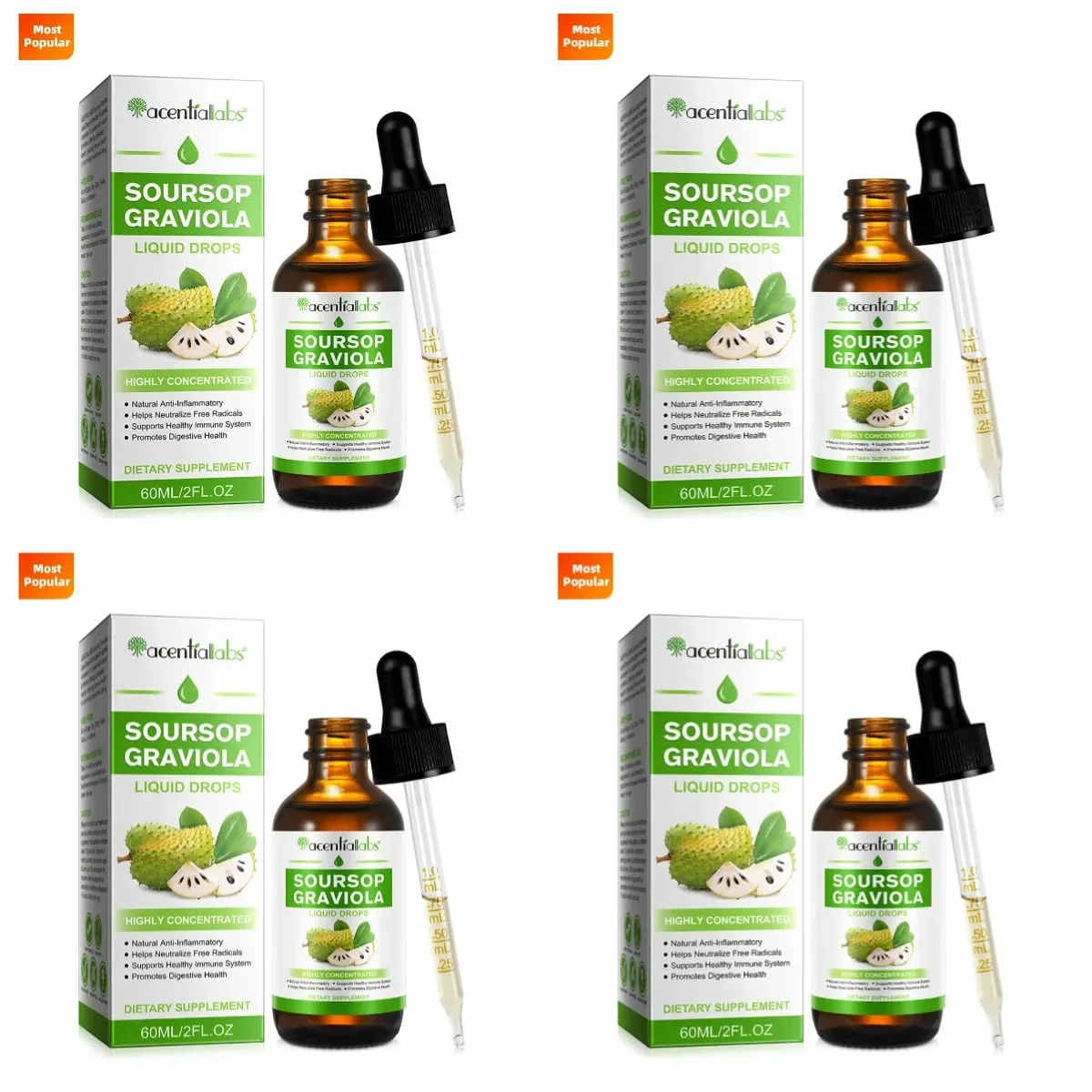 Acentiallabs ขายร้อน 60ml Soursop Bitter Liquid หยดผลิตภัณฑ์เสริมอาหาร 100% Pure Organic Soursop Graviola Extract สำหรับ Adlut